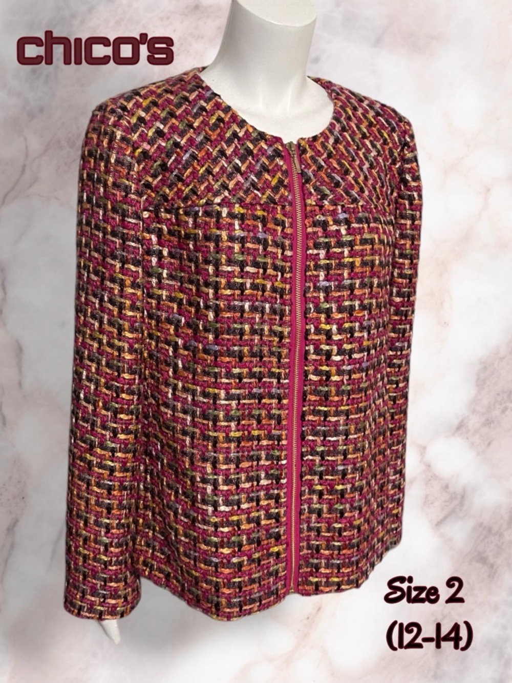 Chico's Color Pop Tweed Jacket Blazer Pink Multi  Woven sz 2 l 12-14 NWT!